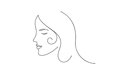 Minimalist line art portrait of a woman in profile with flowing hair