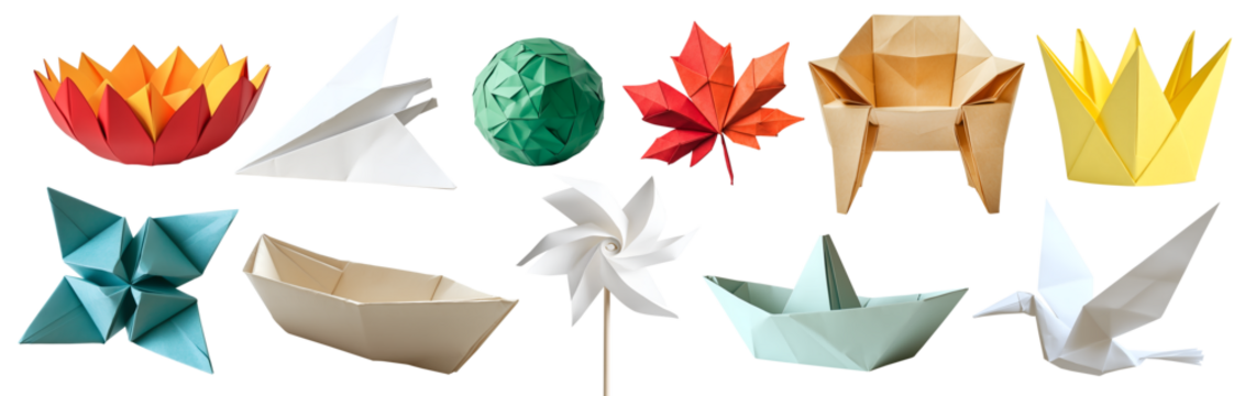 Collection set of origami paper fold of colourful paper, crane bird, plane, ball, chair, crown, boat, leaf, finger pointer, flower on transparent cutout PNG. Many classic pattern. Mockup template	
