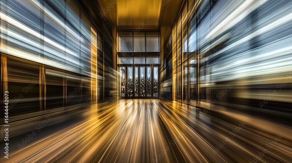 Poster long exposure photograph of a hallway capturing twilight glow and motion blur in a cosmic atmosphere