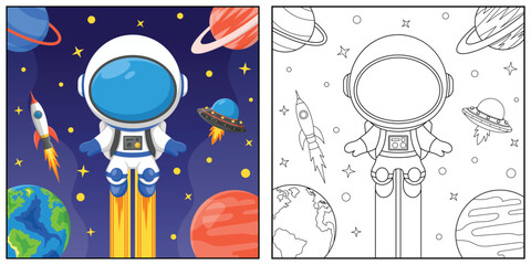 Astronaut in space. Black and white vector illustration for coloring book.