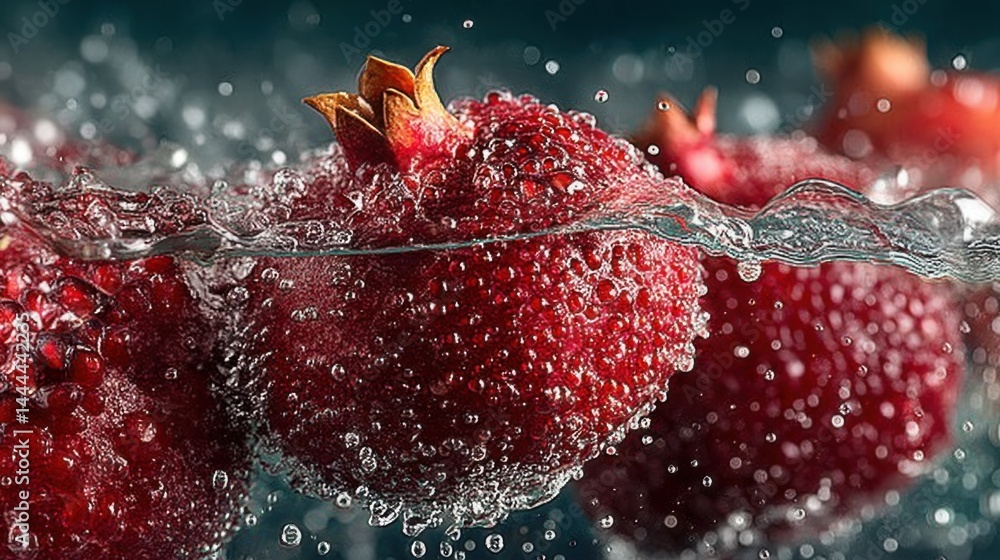 Poster close-up of fresh pomegranates in water, showcasing refreshing bubbles and texture