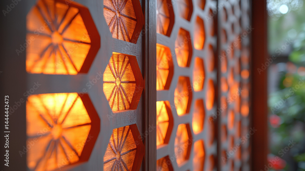 Poster light patterns through shoji screens create high contrast textures in a serene setting