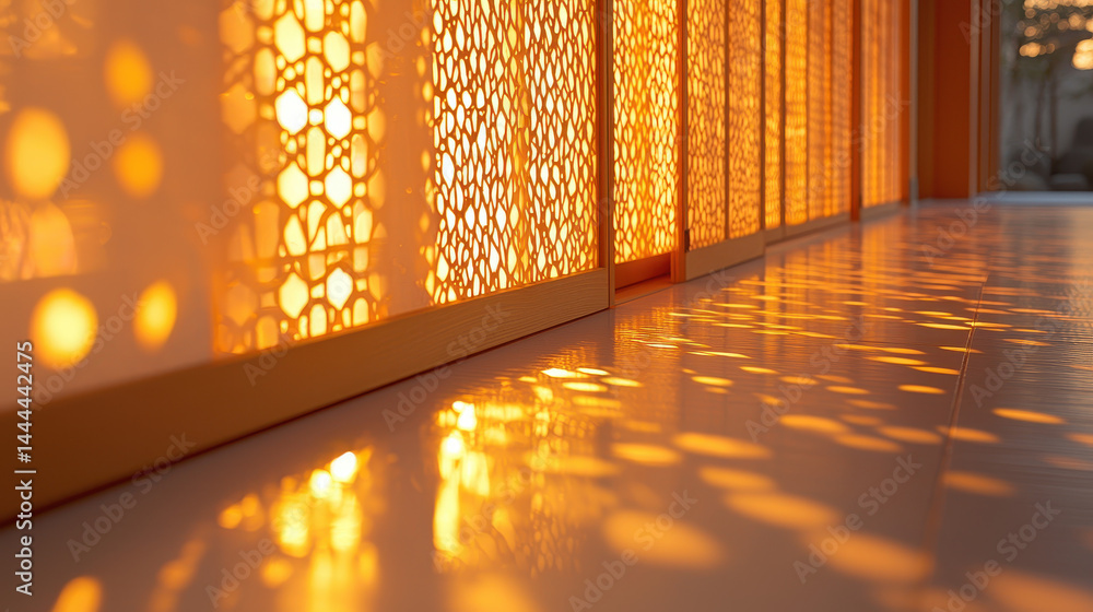 Poster light patterns dance through shoji screens creating a warm, inviting ambience in a tranquil space du