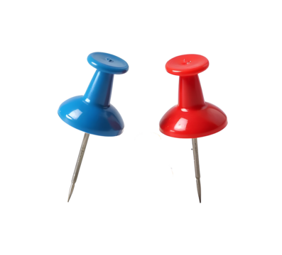 set of two Red blue yellow push drawing pin white PNG set bundle, isolated background. Vibrant color office school stationery
