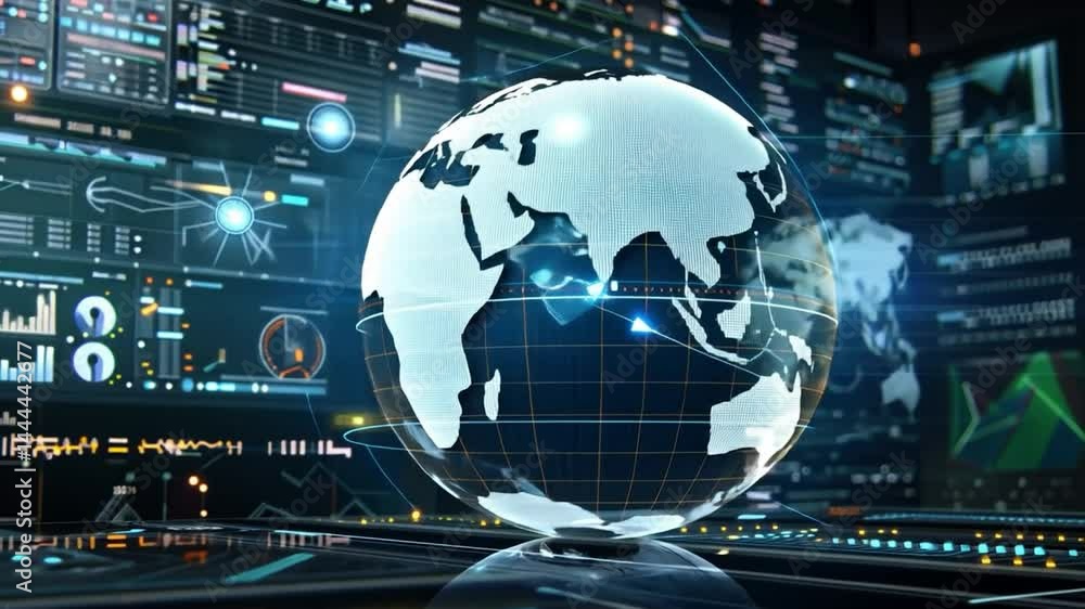 Poster glowing 3 d globe with data interface technology concept
