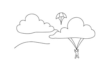 Skydiver parachuting through clouds outline vector illustration simple drawing style