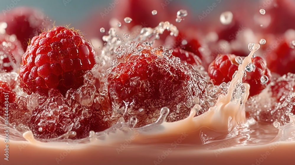 Aufkleber close-up of fresh raspberries splashing in liquid creating a vibrant food image