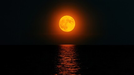 Beach Vibes Concept. Majestic full moon glowing over tranquil ocean waters with reflections during night sky