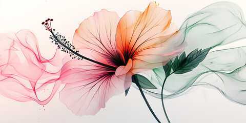 line art with soft watercolor wash of a stylized tropical flower (hibiscus), delicate black lines