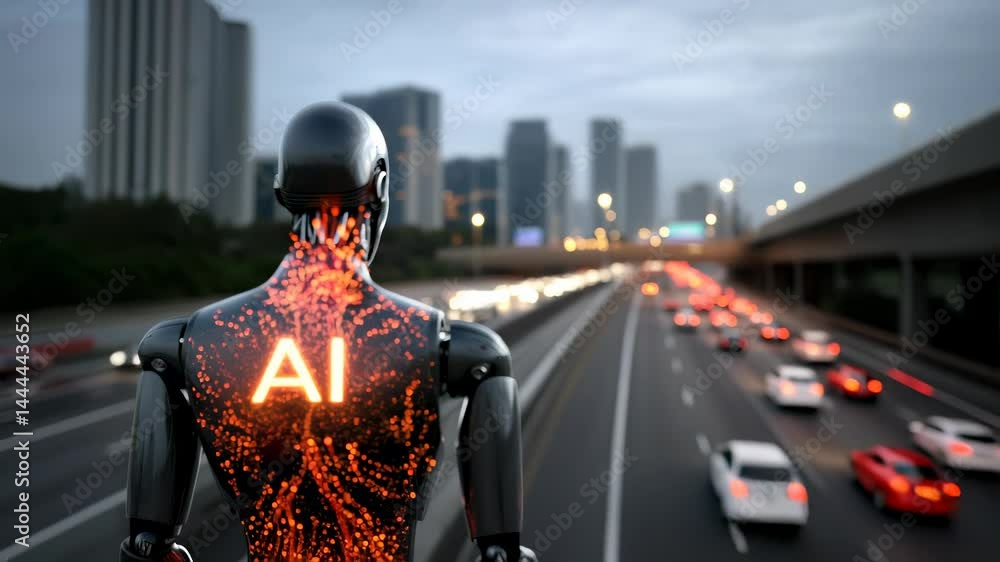 Poster futuristic robot overlooking busy highway with ai symbol