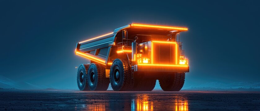 mining truck haulage concept. Futuristic illuminated dump truck on a reflective surface at night.