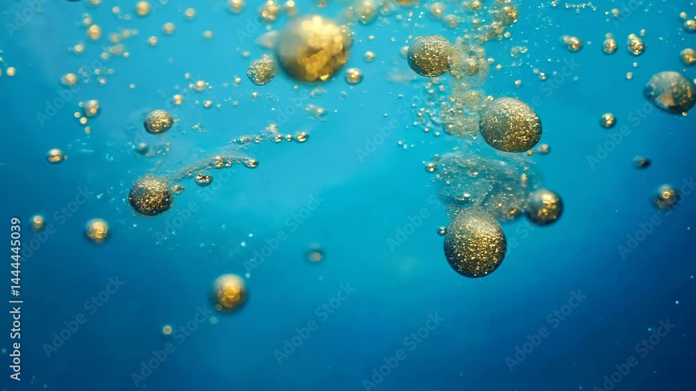 Poster dynamic drops of yellow glitter in blue oil or ink diffusing through water, creating an abstract aqu