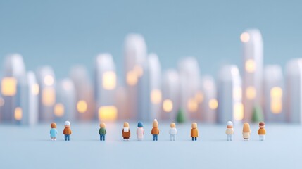 minimalistic 3d street scene with diverse characters engaging in urban activities surrounded by clean environment