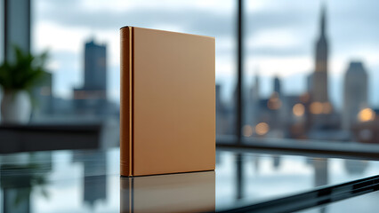 Book mockup on glass table with blurred city view for presentation