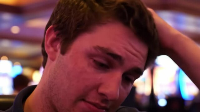 Young man enjoys gaming experience at a lively casino atmosphere in evening