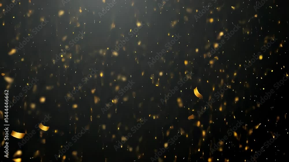Poster gold confetti falling in a loop on a black background with glittering festive particles
