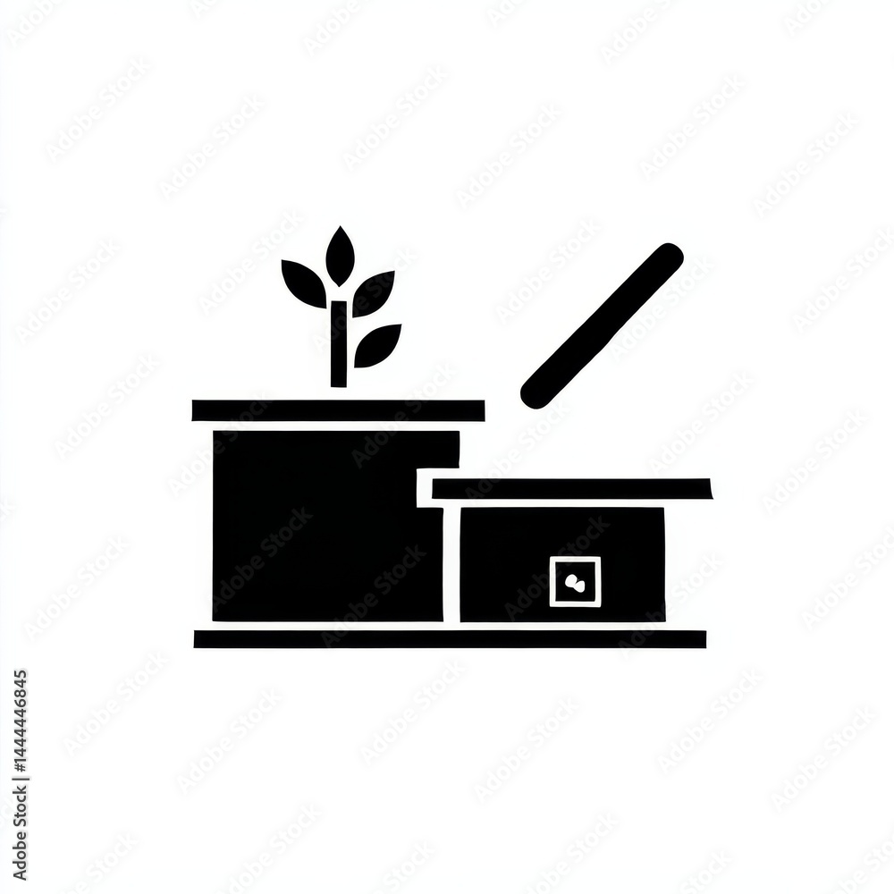 Poster minimalist vector icon: plant in box with stick, simplicity and modern design