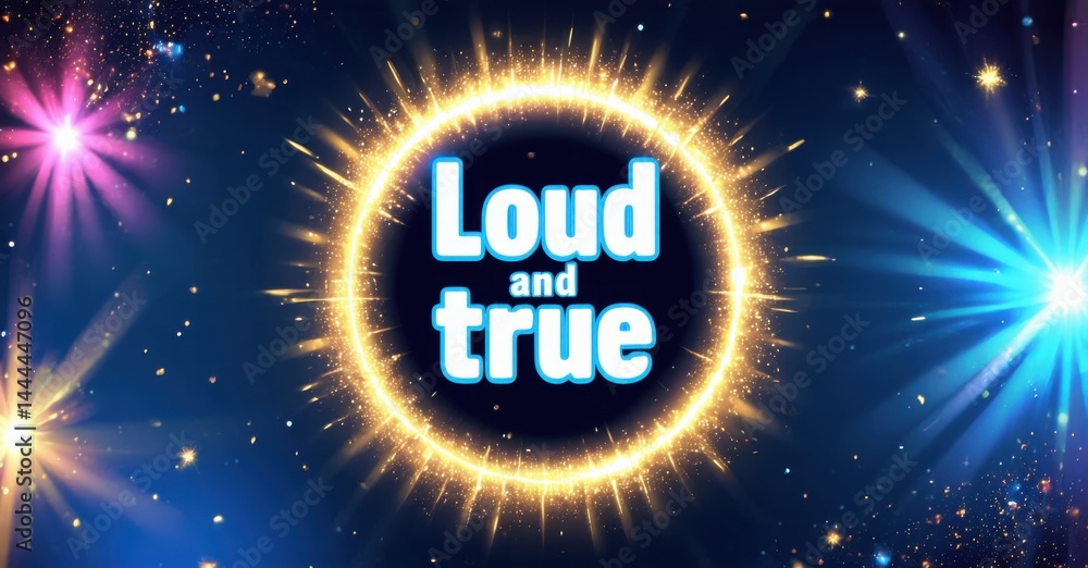 Aufkleber Bright image features text Loud and true within glowing circle. Background displays vibrant starbursts, dark blue space.