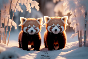 Two baby red pandas standing in the snow