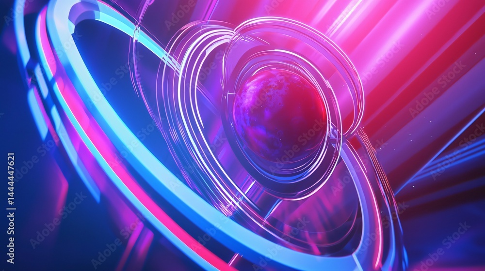 Poster a vivid red and blue abstract background featuring planetary rings with ambient light and a zoom-in 