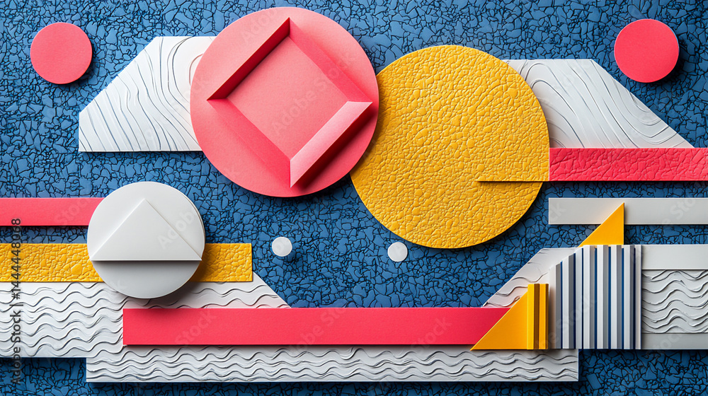 Poster paper collage with geometric shapes and textured paper in a bright and cheerful color scheme