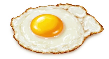 A single fried egg with a bright yellow yolk and crispy white edges on a white background plain style