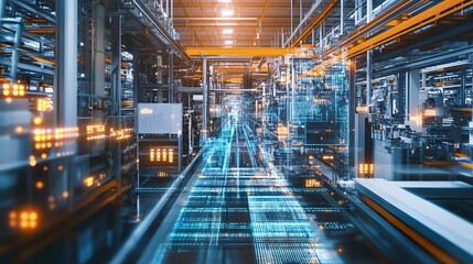 A futuristic industrial building with a lot of lights and a lot of computer screens. The building is filled with technology and it looks like a futuristic city