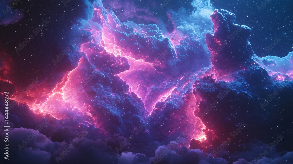 Poster enchanting purple and blue sky with clouds creating a celestial energy field and a beautiful cosmic 