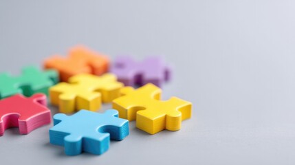 minimalistic close-up of vivid colorful puzzle pieces arranged on smooth plain surface with ample copy space