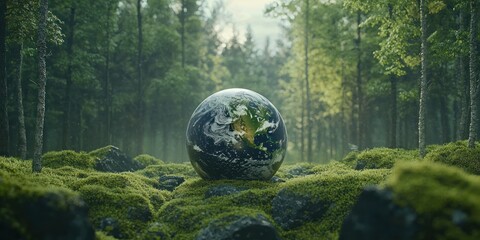 Eco-themed visual of a pristine globe in untouched forest area 