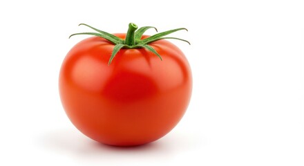 A single ripe tomato with green stem and leaves isolated on a white background in a studio setting