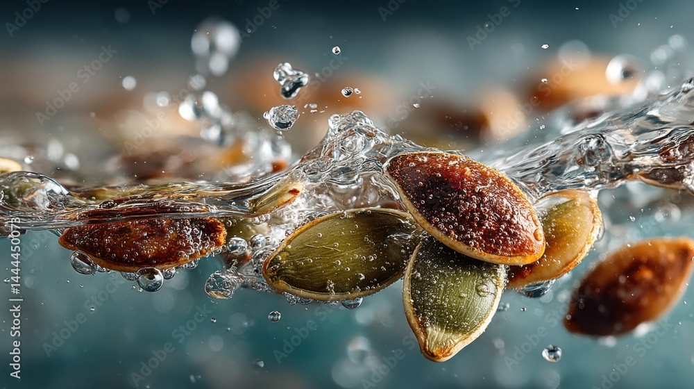 Poster close-up of pumpkin seeds submerged in water with bubbles and splash
