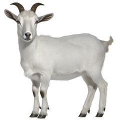Obraz premium Close-up of a white domesticated goat standing on white background with detailed fur and curved horns, showcasing animal beauty and farm livestock characteristics