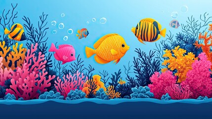 Vibrant underwater scene with colorful coral reefs and fish.  Coral, fish, ocean, marine, aquatic,  tropical,  sea,  reef,  underwater,  nature,  beautiful,  oceanic,  coral,  colorful,  