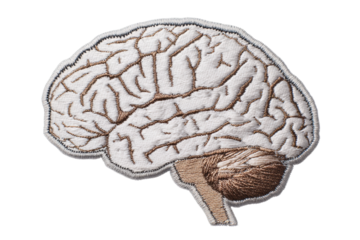 Embroidered brain patch illustration with brown and white detailing, cut out