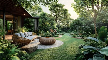Green garden with wicker furniture and trees