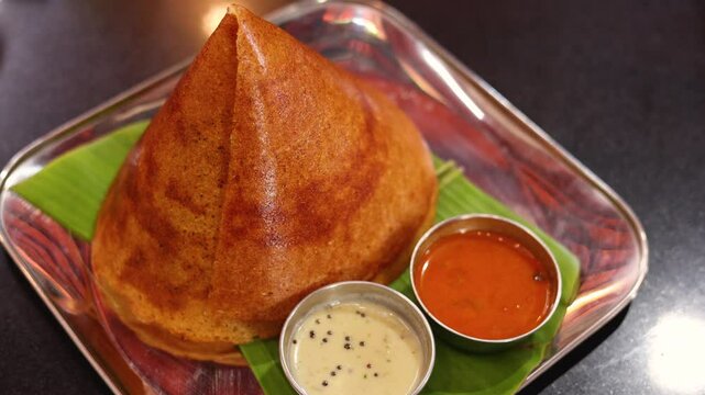 Dosa, ghee roast with coconut chutney sambar popular South Indian Breakfast, Mysore Bangalore Karnataka Kerala, Tamil Nadu India. Top view of Masala dosa, pancake stuffed with potato curry side dish.