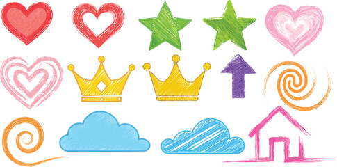 Creative Set of Visual Communication Icons with a Hand-Drawn, Sketchy Aesthetic Featuring Bright Colors, Crayon Textures, and Geometric Shapes

