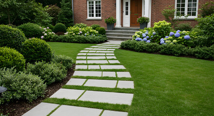 Obraz premium Serene Garden Path Leading To Brick Home With Lush Greenery And Hydrangeas