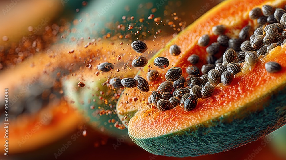Poster Close-up of ripe papaya halves with seeds exploding in artistic detail