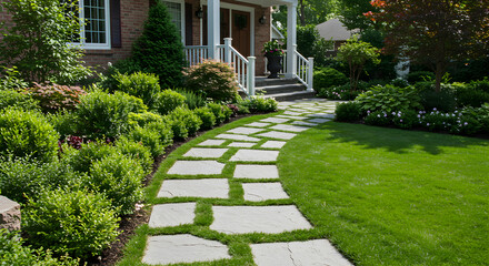 Fototapeta premium Charming House With Lush Landscaping And Stone Walkway Leading To The Entrance