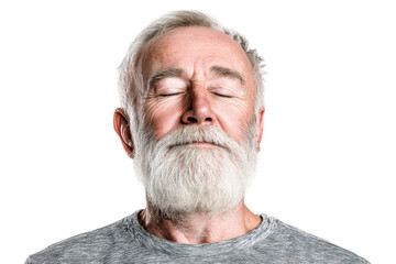 Obraz premium Elderly caucasian male with gray hair and beard relaxing with eyes closed, cut out