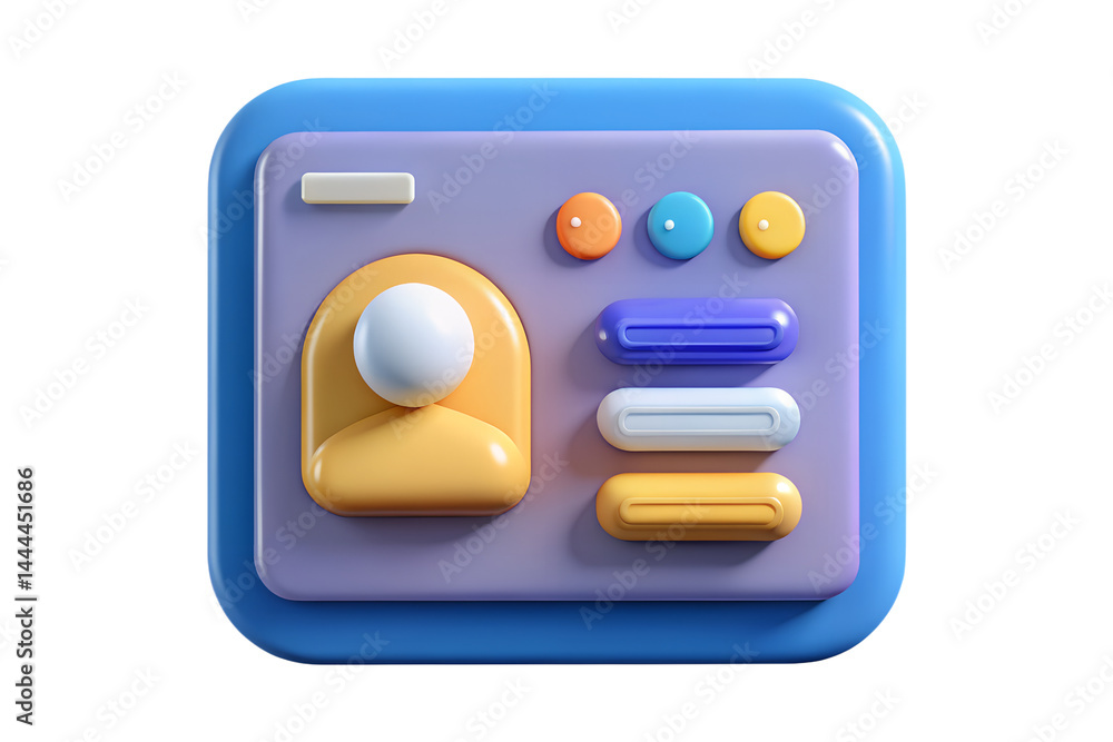 Poster 3d profile page interface rendering with buttons and rounded elements pastel colors