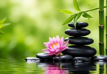 A calming image of balanced black stones, a pink and yellow water lily, and green bamboo stalks reflected on a smooth water surface