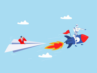 Artificial Intelligence robot right direction riding fast rocket to win against other origami airplane.Leadership to win business competition, winner or competitive advantage to success in work vector