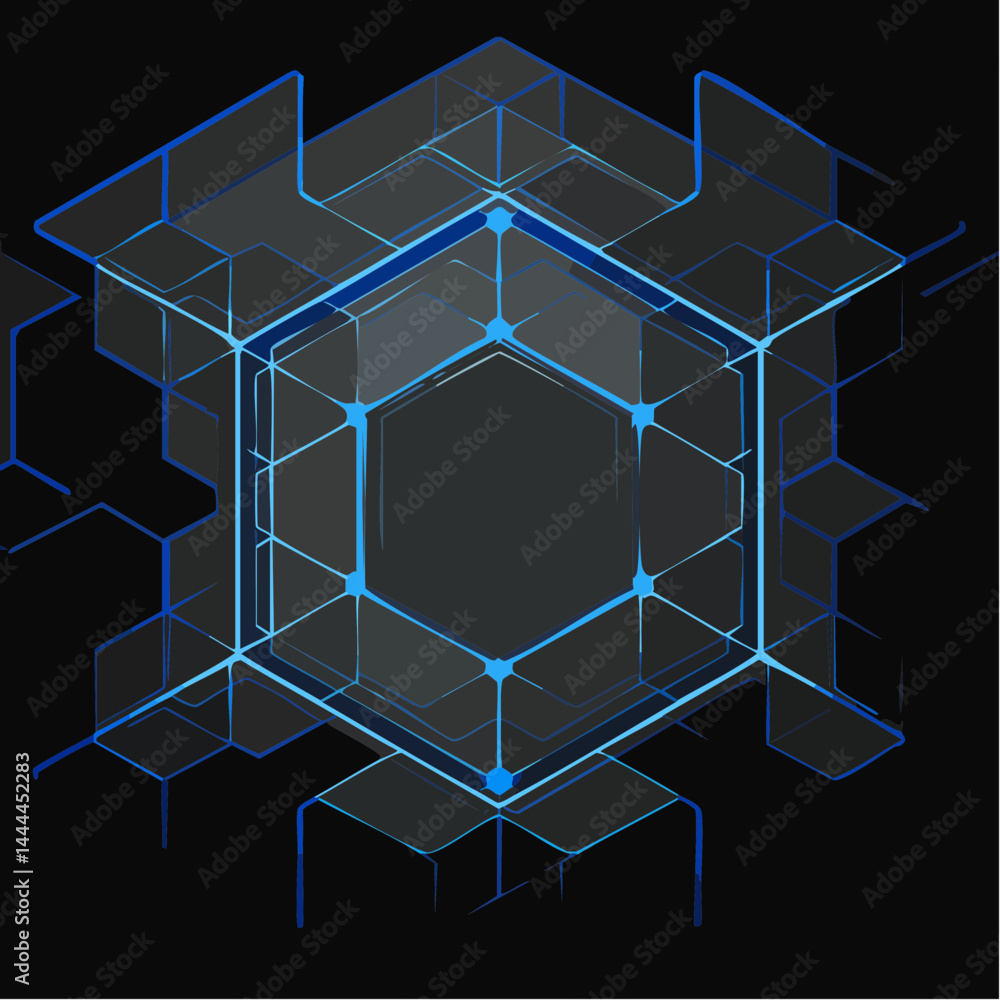 Aufkleber abstract geometric hexagon cube network design in blue and gray