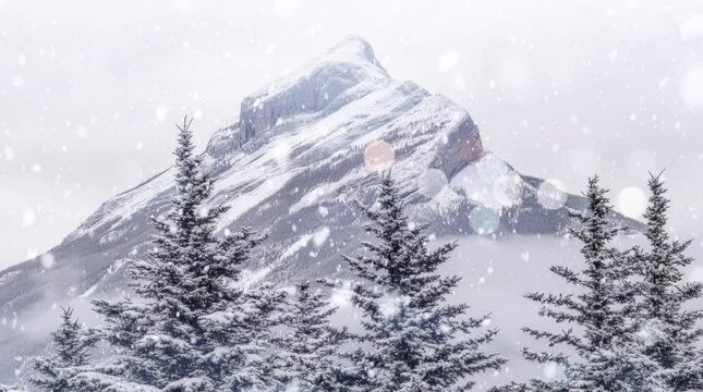 Snowy mountain peak framed by winter trees