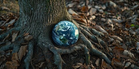 Forest protection concept with Earth globe placed near tree roots 