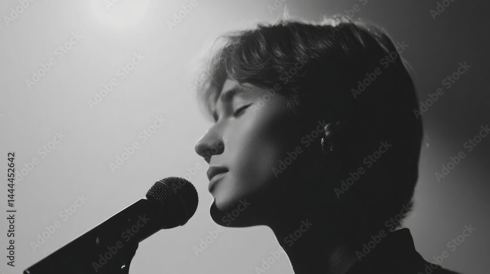 Poster minimalistic image of person singing against solid background microphone in hand large copy space