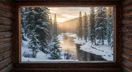 Winter Wonderland Glimpse Through Rustic Cabin Window at Sunset